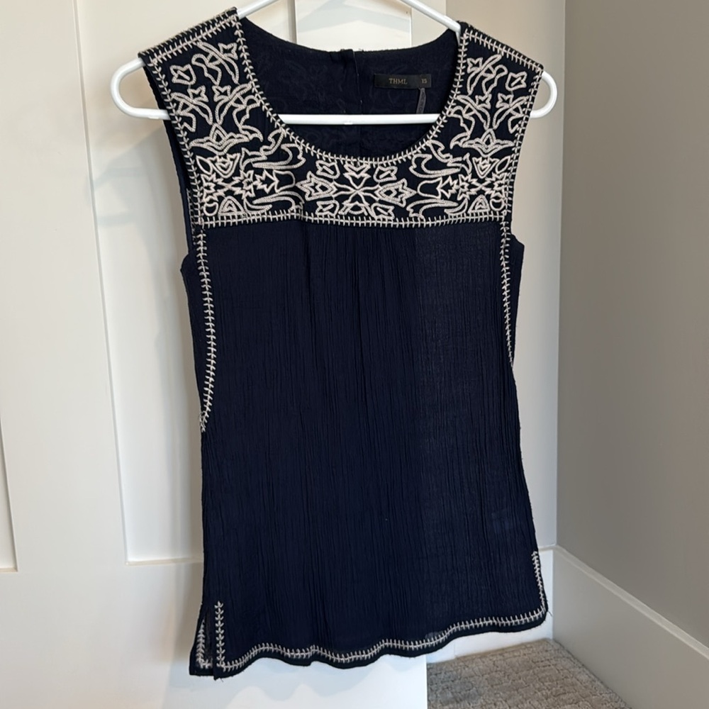 THML Navy Embroidered Sleeveless Top